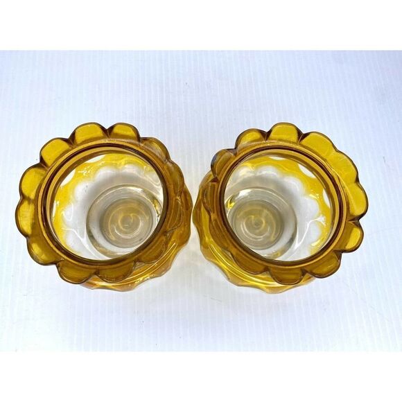 MID CENTURY MODERN CANDLE HOLDERS YELLOW SCALLOPED THUMBPRINT DESIGN - Picture 3 of 8